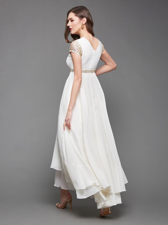 Women Embellished Layered Keyhole Neck Georgette Maxi Dress - Image 3