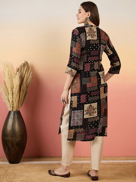 Ethnic Motifs Printed Beads And Stones Mandarin Collar A-Line Kurta - Image 3