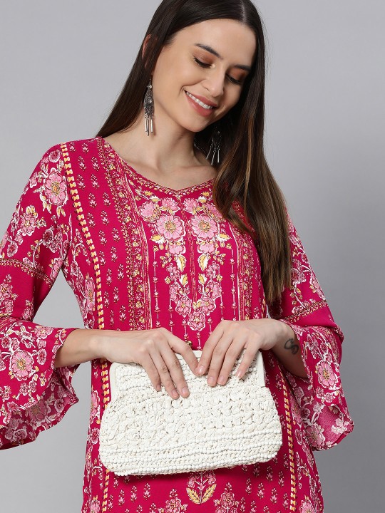 Women Red & Pink Ethnic Motifs Printed Bell Sleeves Kurta - Image 8