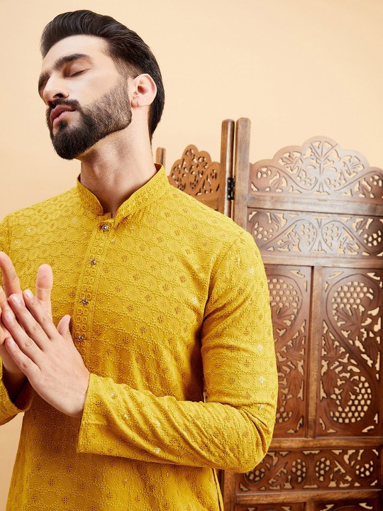 Mustard Ethnic Motifs Embroidered Flared Sleeves Thread Work A-Line Kurta - Image 3