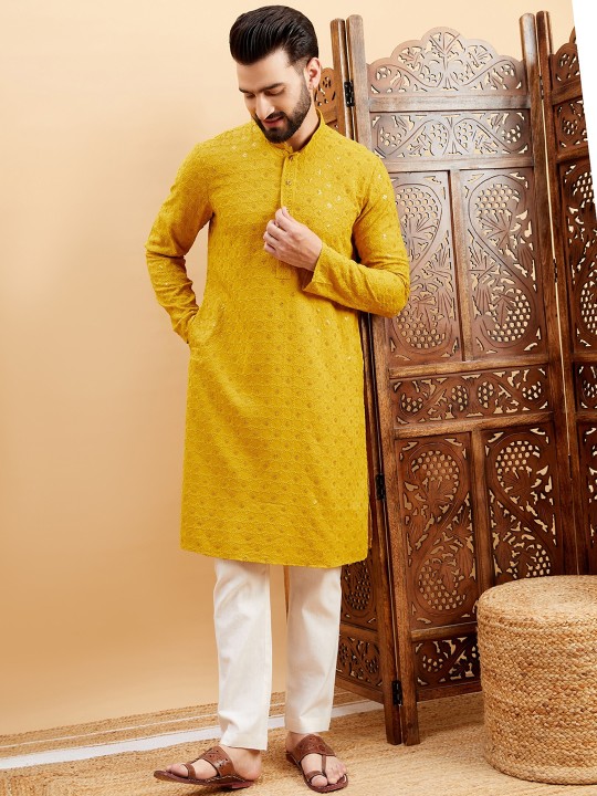 Mustard Ethnic Motifs Embroidered Flared Sleeves Thread Work A-Line Kurta