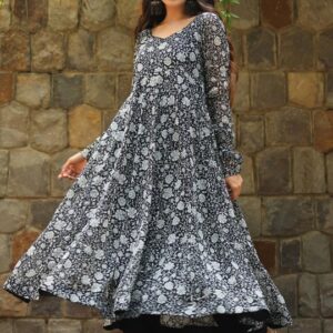 Floral Printed V-Neck Anarkali Georgette Kurta