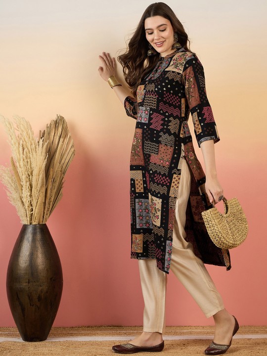 Ethnic Motifs Printed Beads And Stones Mandarin Collar A-Line Kurta - Image 5
