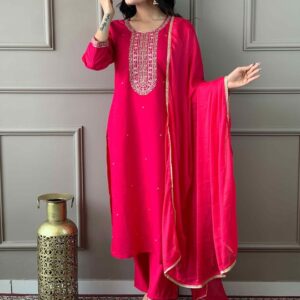 Women Embroidered Regular Thread Work Chanderi Silk Kurti with Trousers & With Dupatta