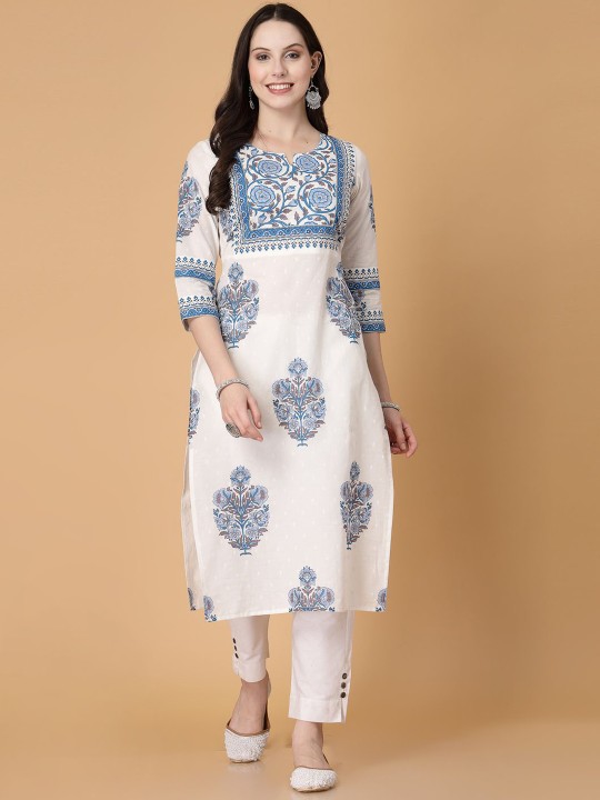 Floral Printed Notch Neck Pure Cotton Straight Kurta - Image 6