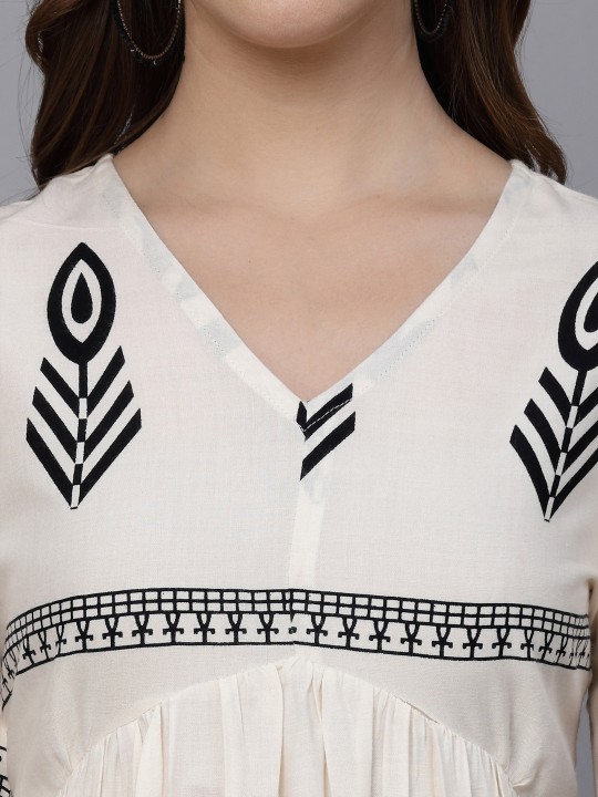 Cream-Coloured & Black Bohemian Print Puff Sleeves Fit & Flare Dress - Image 6