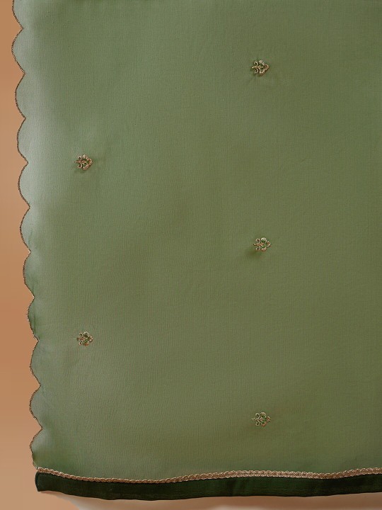 Floral Embroidered V-Neck Sequinned Straight Kurta With Trousers & Dupatta - Image 2