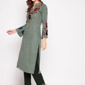 Winter Wear Women Grey Floral Embroidered Thread Work Kurta with Trousers