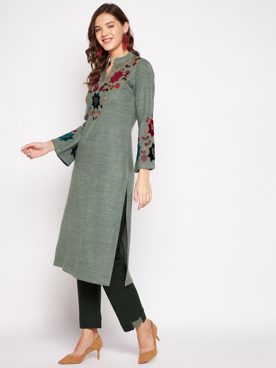 Winter Wear Women Grey Floral Embroidered Thread Work Kurta with Trousers