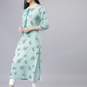 Green Floral Printed Tie-Up Neck Straight Kurta