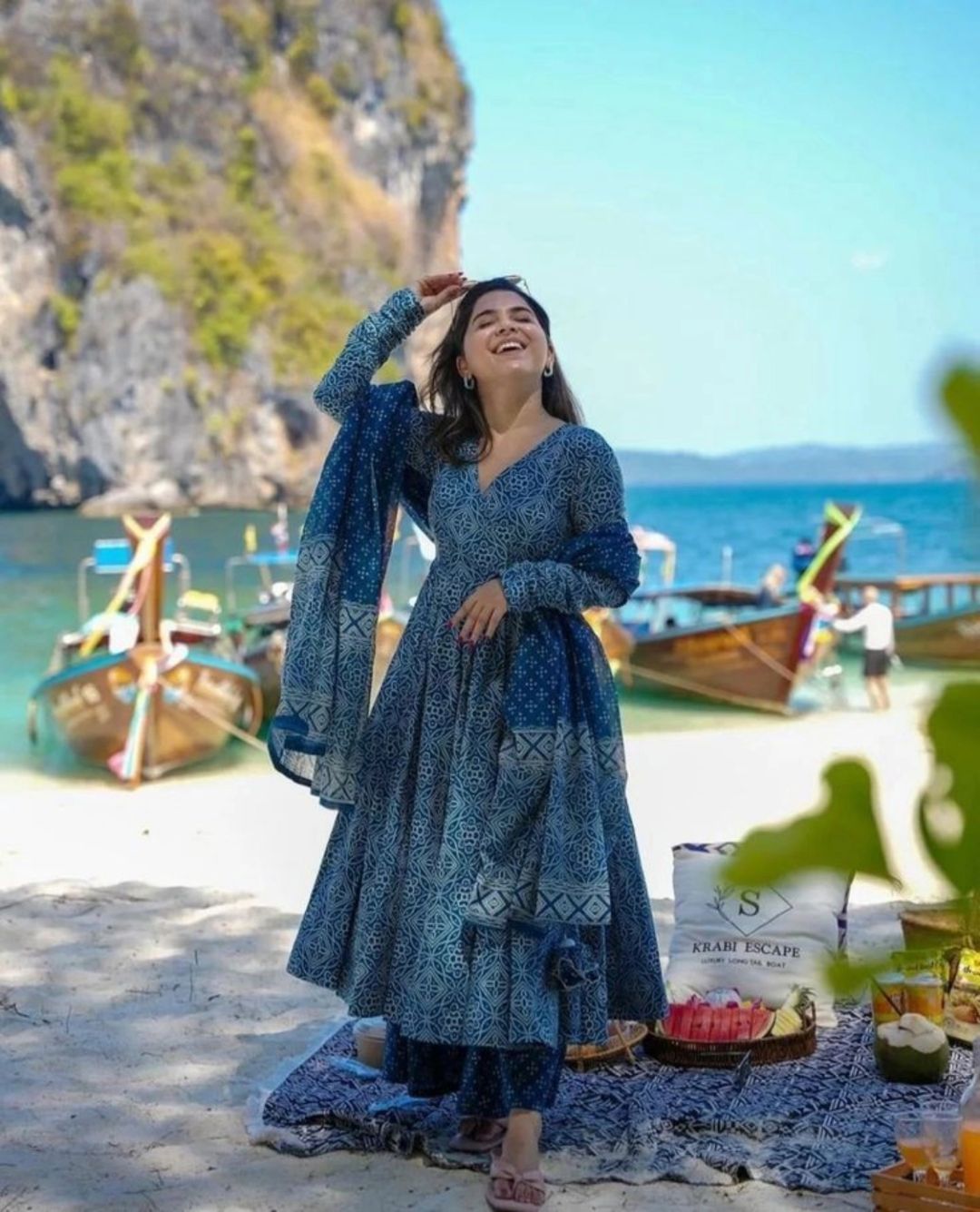 Bandhani Printed V-Neck Angrakha Pure Cotton Kurta With Palazzos And Dupatta - Image 2