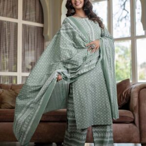 Women Green Ethnic Motifs Printed Regular Pure Cotton Kurta with Palazzos & With Dupatta
