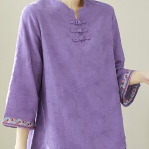 Purple Self Design Mandarin Collar Cotton Shirt