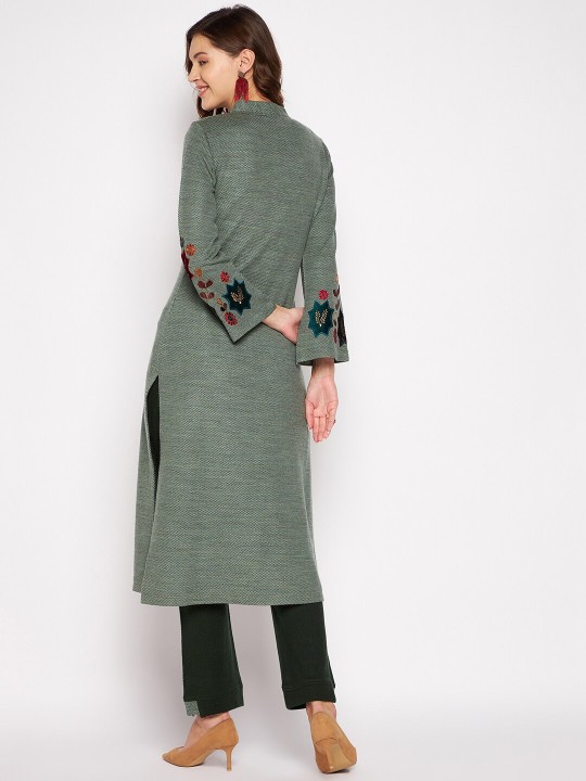 Winter Wear Women Grey Floral Embroidered Thread Work Kurta with Trousers - Image 11