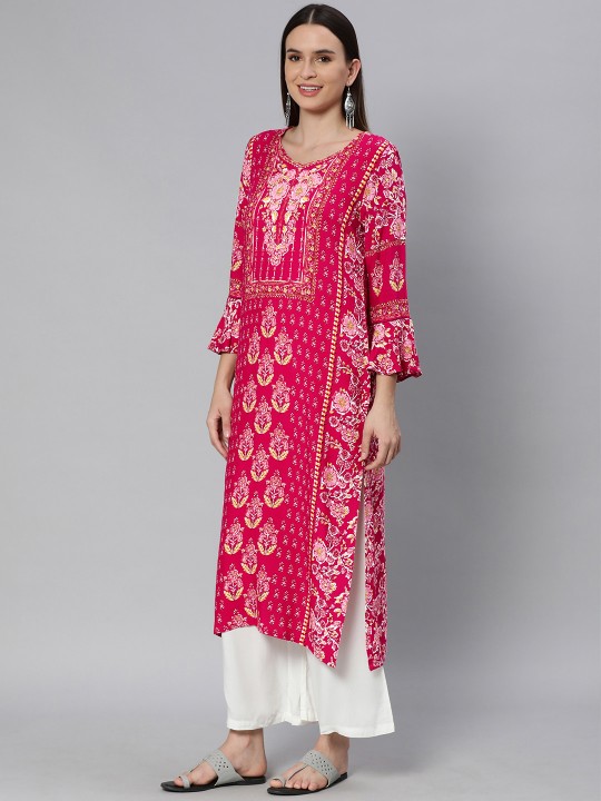 Women Red & Pink Ethnic Motifs Printed Bell Sleeves Kurta - Image 5