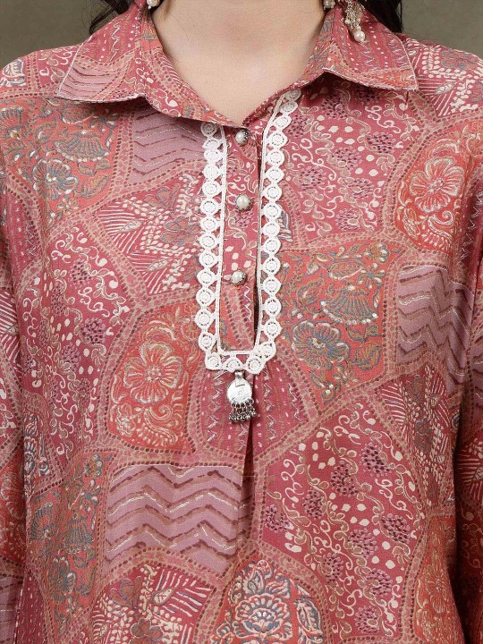 Ethnic Motifs Printed Shirt Collar Lace Insert A-Line Kurta - Image 7