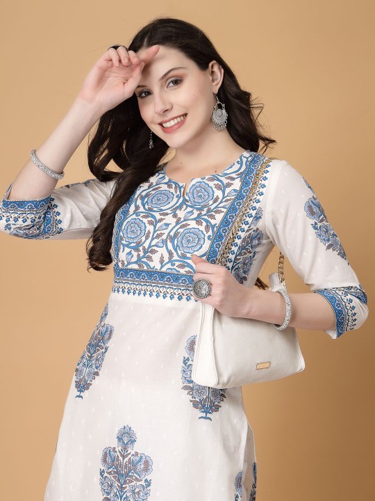 Floral Printed Notch Neck Pure Cotton Straight Kurta - Image 5