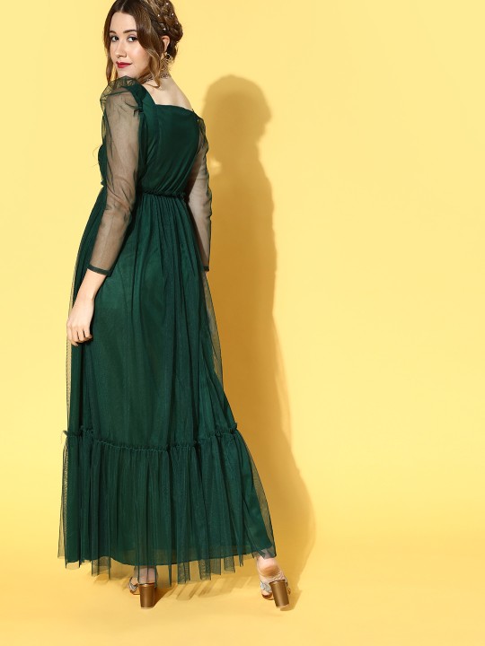 Women Attractive Green Solid Tiered Dress - Image 3