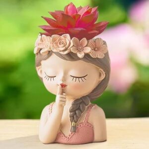 Vikarafty Girls Flowerpot Green Head Planter Pot Resin Cute Girl Statue Planter Decorative Cactus Plant Container for Tabletop Garden Home Office Decor Item