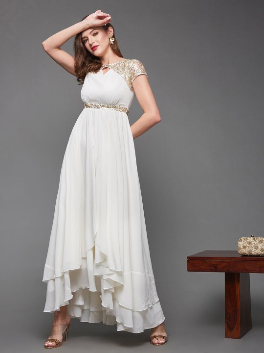 Women Embellished Layered Keyhole Neck Georgette Maxi Dress