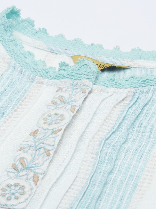 Women White & Blue Striped Lace Detailing A-Line Dress - Image 5