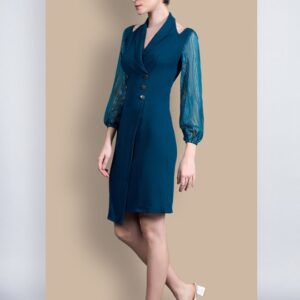 Women Shawl Collar Bishop Sleeves Solid Double Breasted Knee Length Work wear Dress