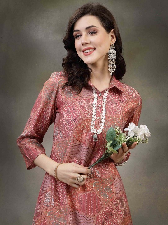 Ethnic Motifs Printed Shirt Collar Lace Insert A-Line Kurta