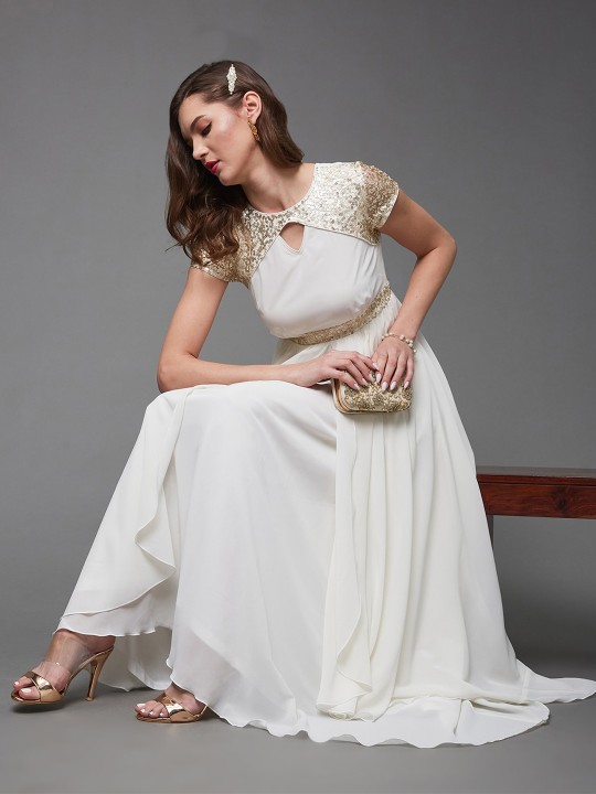 Women Embellished Layered Keyhole Neck Georgette Maxi Dress - Image 5