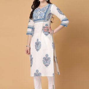 Floral Printed Notch Neck Pure Cotton Straight Kurta