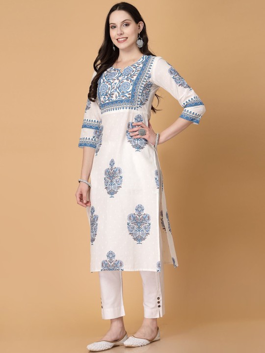 Floral Printed Notch Neck Pure Cotton Straight Kurta