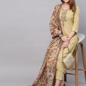 Women Beige Floral Yoke Design Straight Kurta with Trousers & With Dupatta