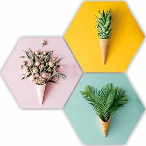 SAF Preety Floral Flower and Leaf in Cone Pot 3 Piece UV Textured Multi-Effect Self adheshive Painting 17 Inch X 17 Inch SANFHX141,Multicolour