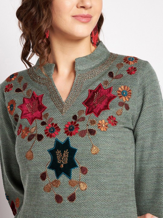 Winter Wear Women Grey Floral Embroidered Thread Work Kurta with Trousers - Image 12