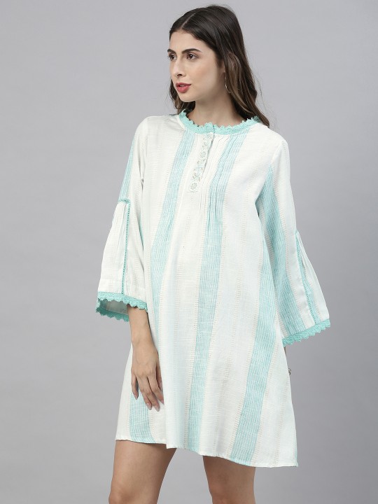 Women White & Blue Striped Lace Detailing A-Line Dress - Image 6