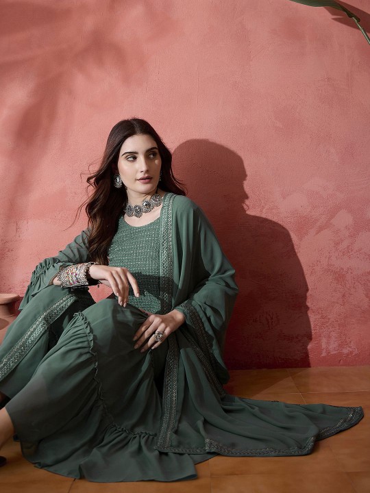 Teal Embroidered Sequinned Straight Kurta With Sharara & Dupatta - Image 3