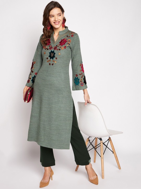 Winter Wear Women Grey Floral Embroidered Thread Work Kurta with Trousers - Image 8