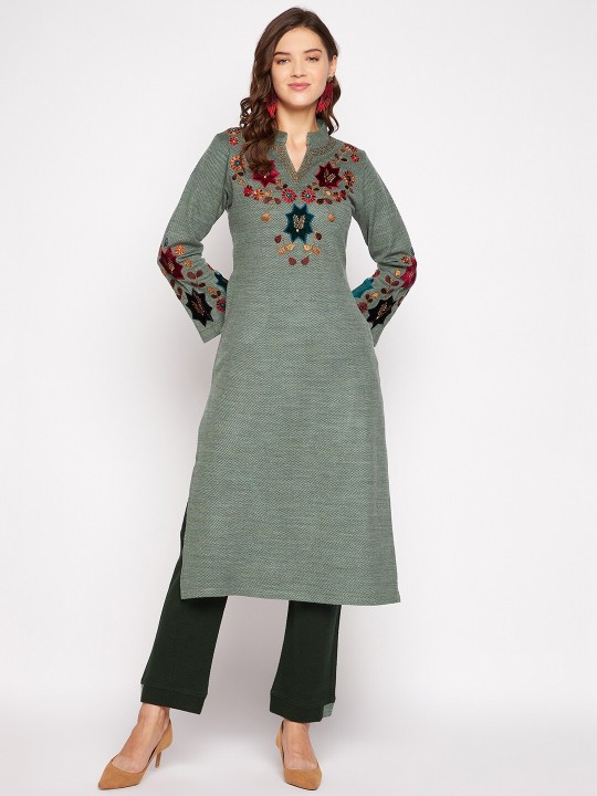 Winter Wear Women Grey Floral Embroidered Thread Work Kurta with Trousers - Image 13