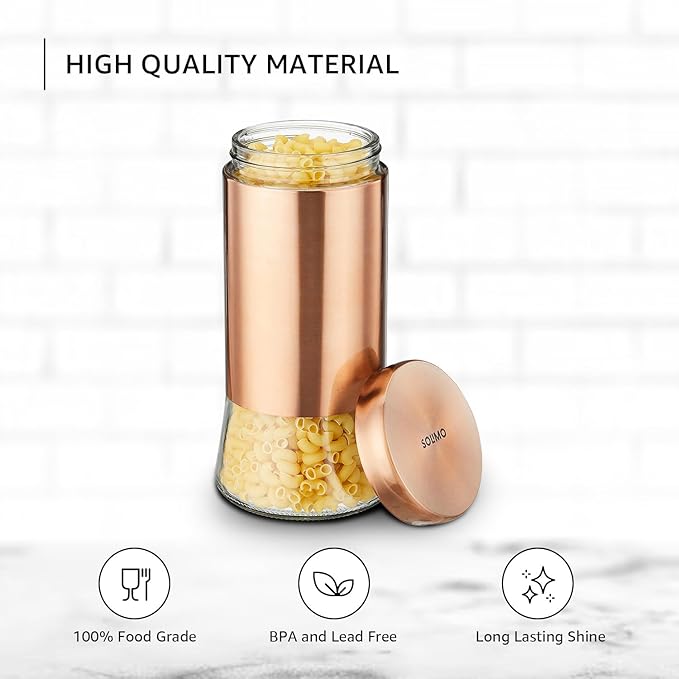 Solimo Rose Gold Bell Bottom Glass Jar | Multipurpose Kitchen Organizer with See-Through Window | 1250ml Set of 2 - Image 4