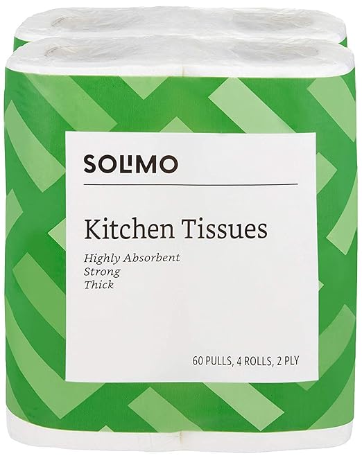 Amazon Brand - Solimo 2 Ply Kitchen Tissue/Towel Paper Roll 240 pulls | 60 pulls X 4 Rolls | soft and highly absorbent | 100% Natural Virgin Cellulose Fiber