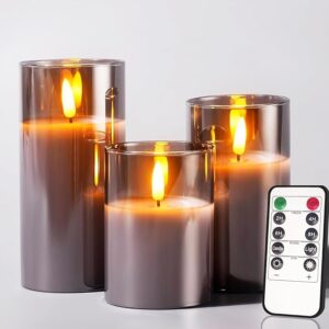 Amazon Basics Flameless LED Candles with Remote Controller & Timer | Golden Acrylic Fiber Glass | Set of 3 | (Smoked Grey)