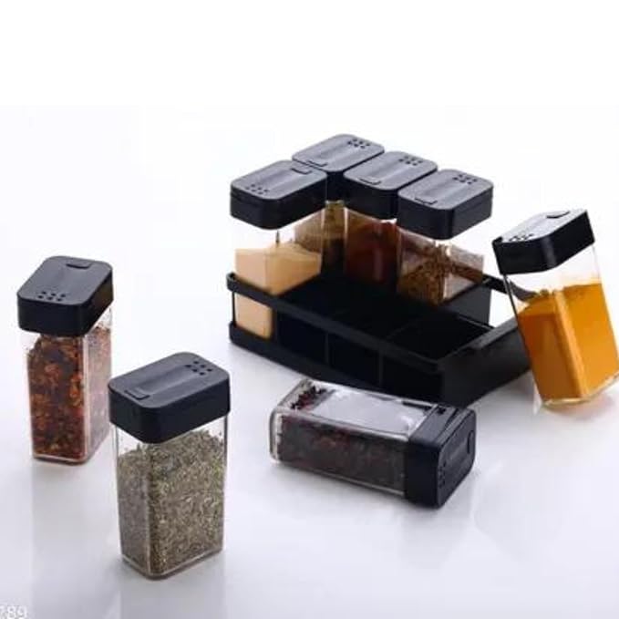 TASMAX 8 Pcs Sets Airtight Masala Box For Kitchen Masala Container For Kitchen Spice Jars Multi Storage Container For Kitchen Easy Flow Spice Storage Container With Tray Spice Jars - Plastic, Black - Image 3