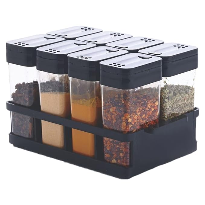 TASMAX 8 Pcs Sets Airtight Masala Box For Kitchen Masala Container For Kitchen Spice Jars Multi Storage Container For Kitchen Easy Flow Spice Storage Container With Tray Spice Jars - Plastic, Black - Image 6