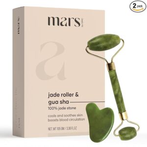 mars by GHC Jade Roller & Gua Sha Massager Combo, Natural Jade Stone, Improves Facial Micro Circulation, Reduces Puffiness & Wrinkles, Improves Skin Elasticity