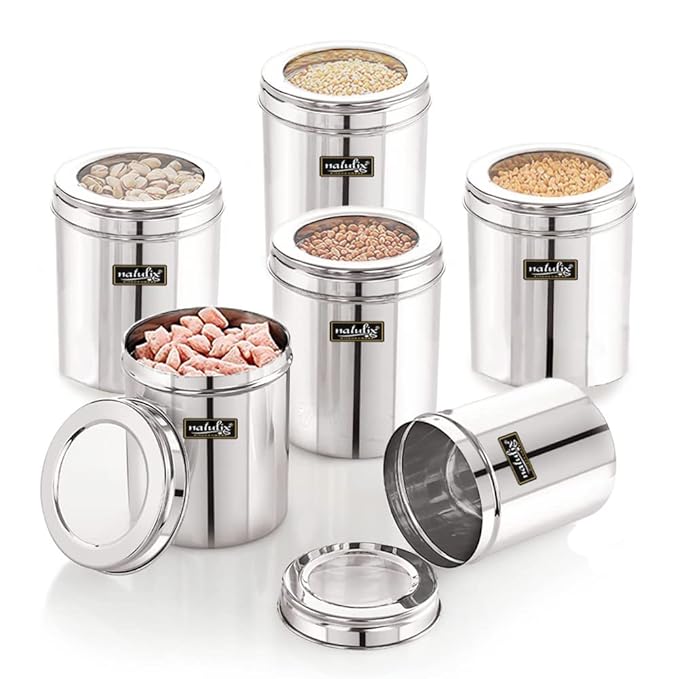 NATULIX 1 Kg Stainless Steel Containers for kitchen with See Through Lid | Kitchen Containers Set | Silver (1250ml - 6pcs) Food Grains Capacity - 1kg Approx