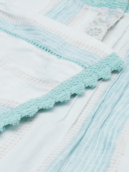 Women White & Blue Striped Lace Detailing A-Line Dress - Image 4