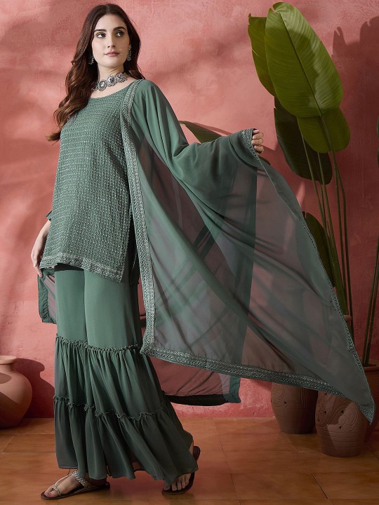 Teal Embroidered Sequinned Straight Kurta With Sharara & Dupatta - Image 4