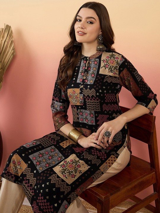 Ethnic Motifs Printed Beads And Stones Mandarin Collar A-Line Kurta