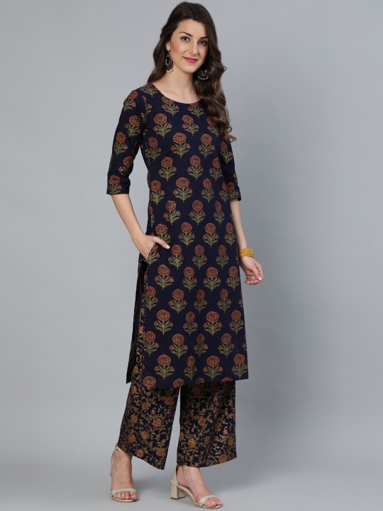 Women Blue Floral Pure Cotton Kurta with Trousers & With Dupatta - Image 8