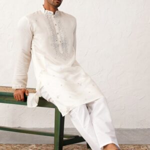 Floral Embroidered Mirror Work Mandarin Collar Cotton Silk Straight Kurta