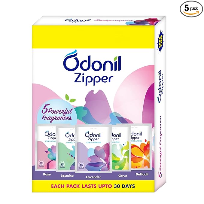 Odonil Bathroom Air Freshener Zipper Mix - 50g (10gx5) | Assorted Pack | Instant & Long Lasting Fragrance | Lasts upto 30 days | Germ Protection | Air Freshener for Bathroom, Toilet, Home & Office - Image 5